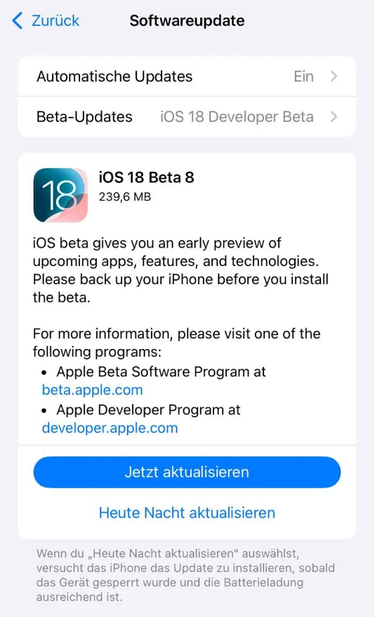 杭锦后苹果手机维修分享苹果 iOS / iPadOS 18 开发者预览版 Beta 8 发布 